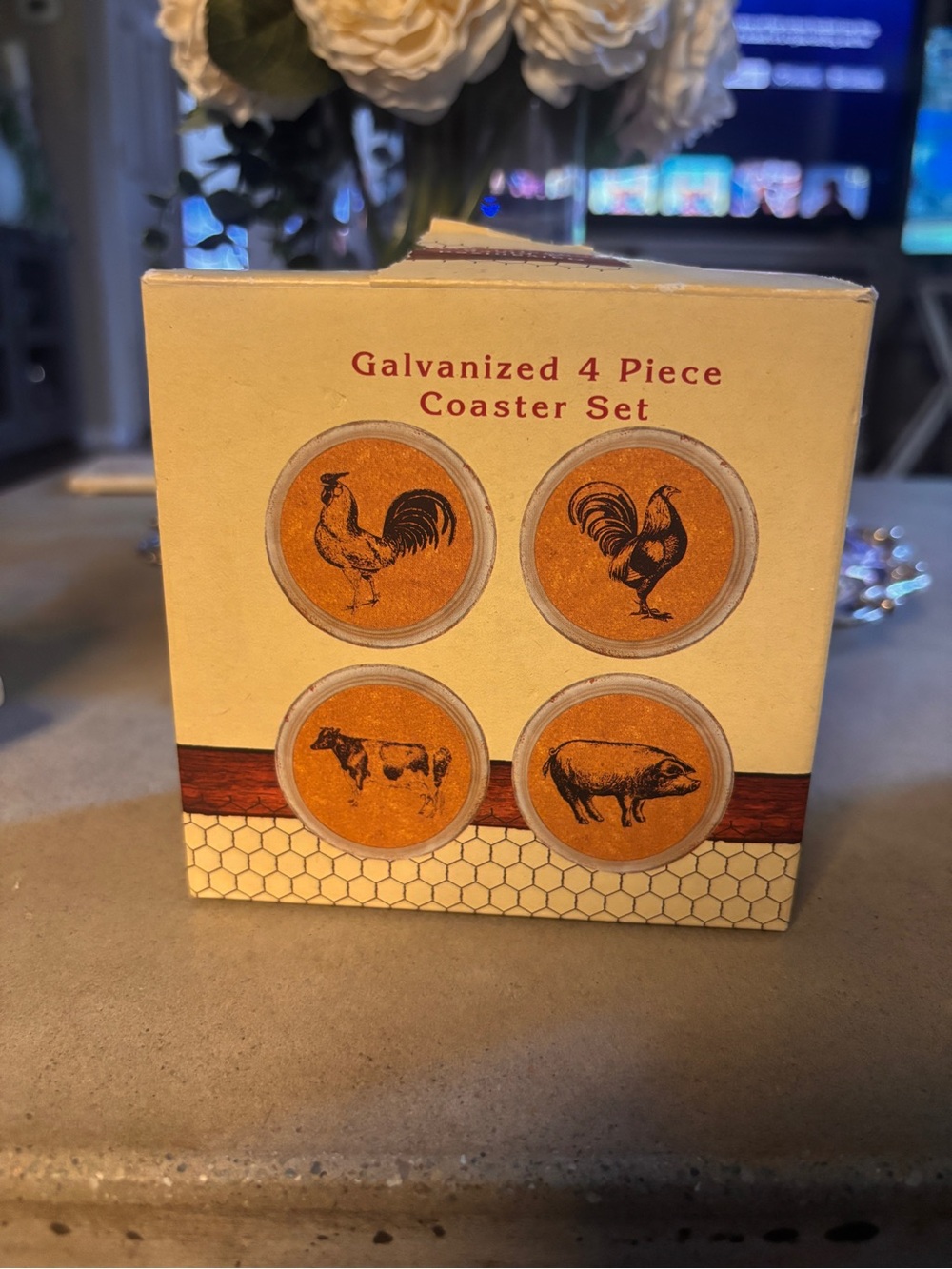 Farmhouse Galvanized Metal Cork Coaster Set of 4 Rooster Cow Pig 4” Rustic